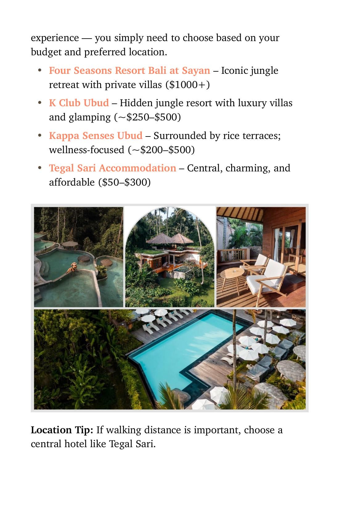 Page 24: Ubud hotels compared, with price bands and photos
