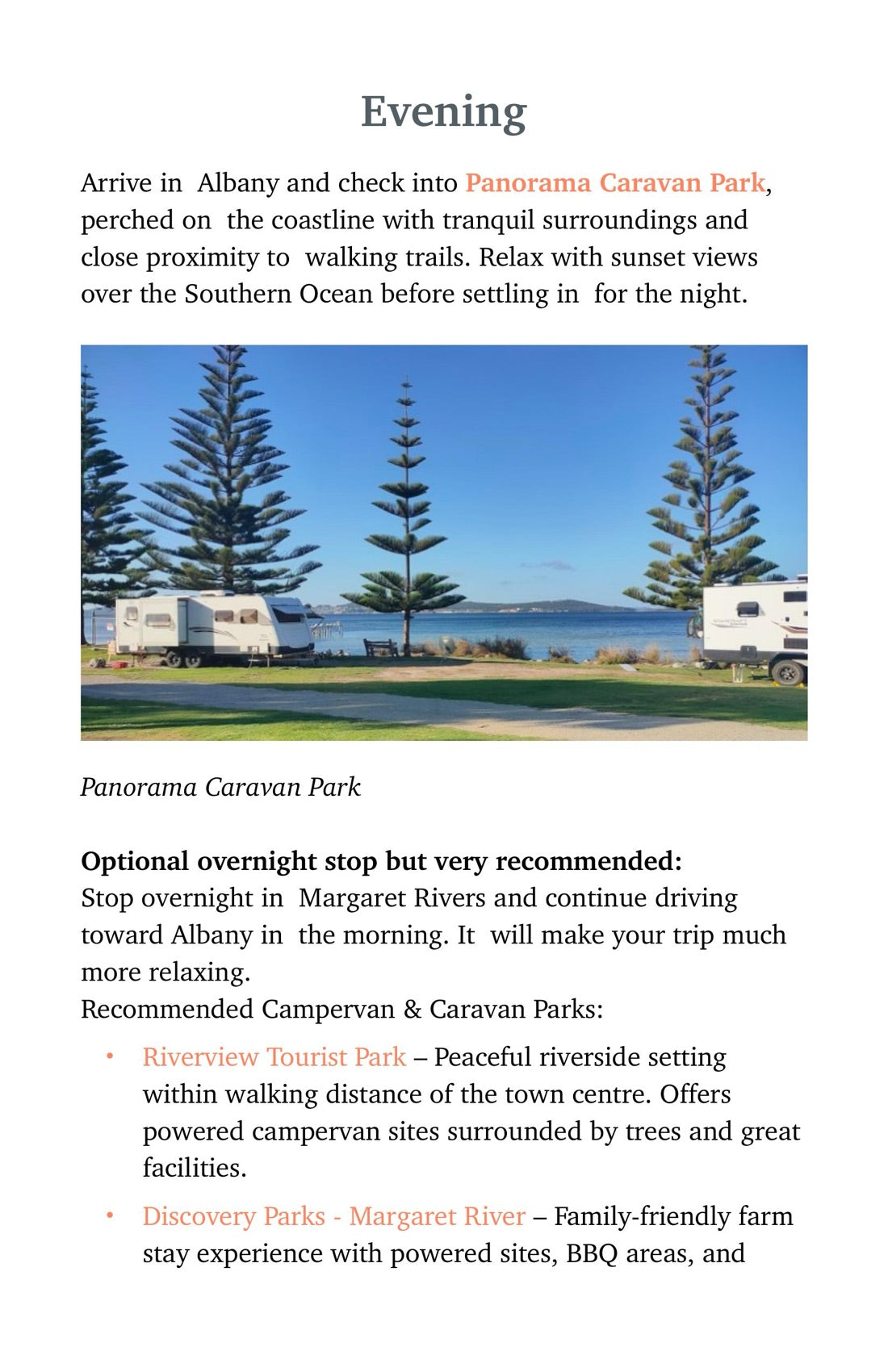Page 16: the Albany caravan park and Margaret River alternatives