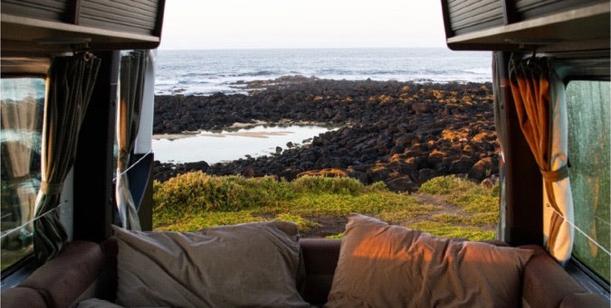The Southern Ocean seen from the bed of a campervan