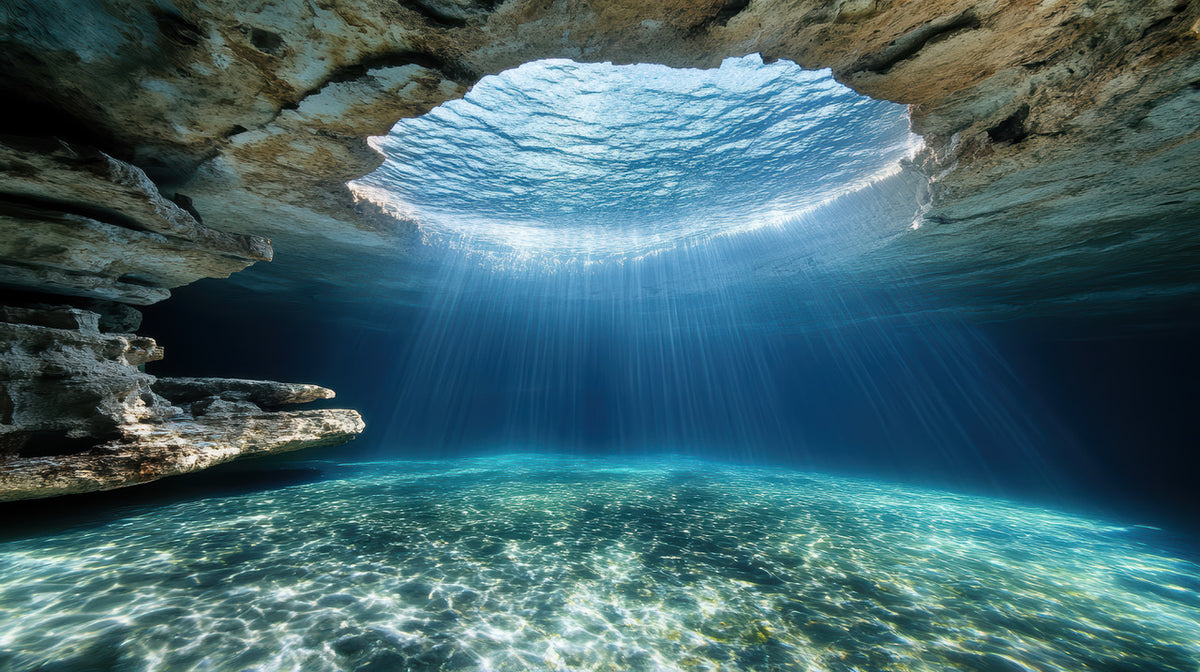 Sunlight falling through a cenote opening into clear water near Tulum
