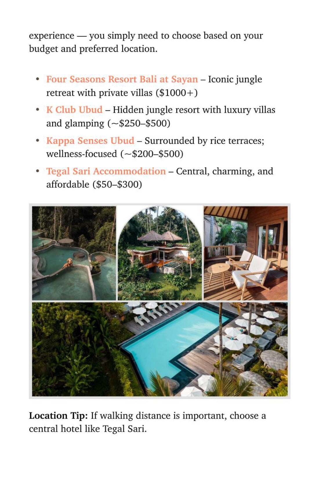 Page 21: four Ubud hotels compared, with price bands