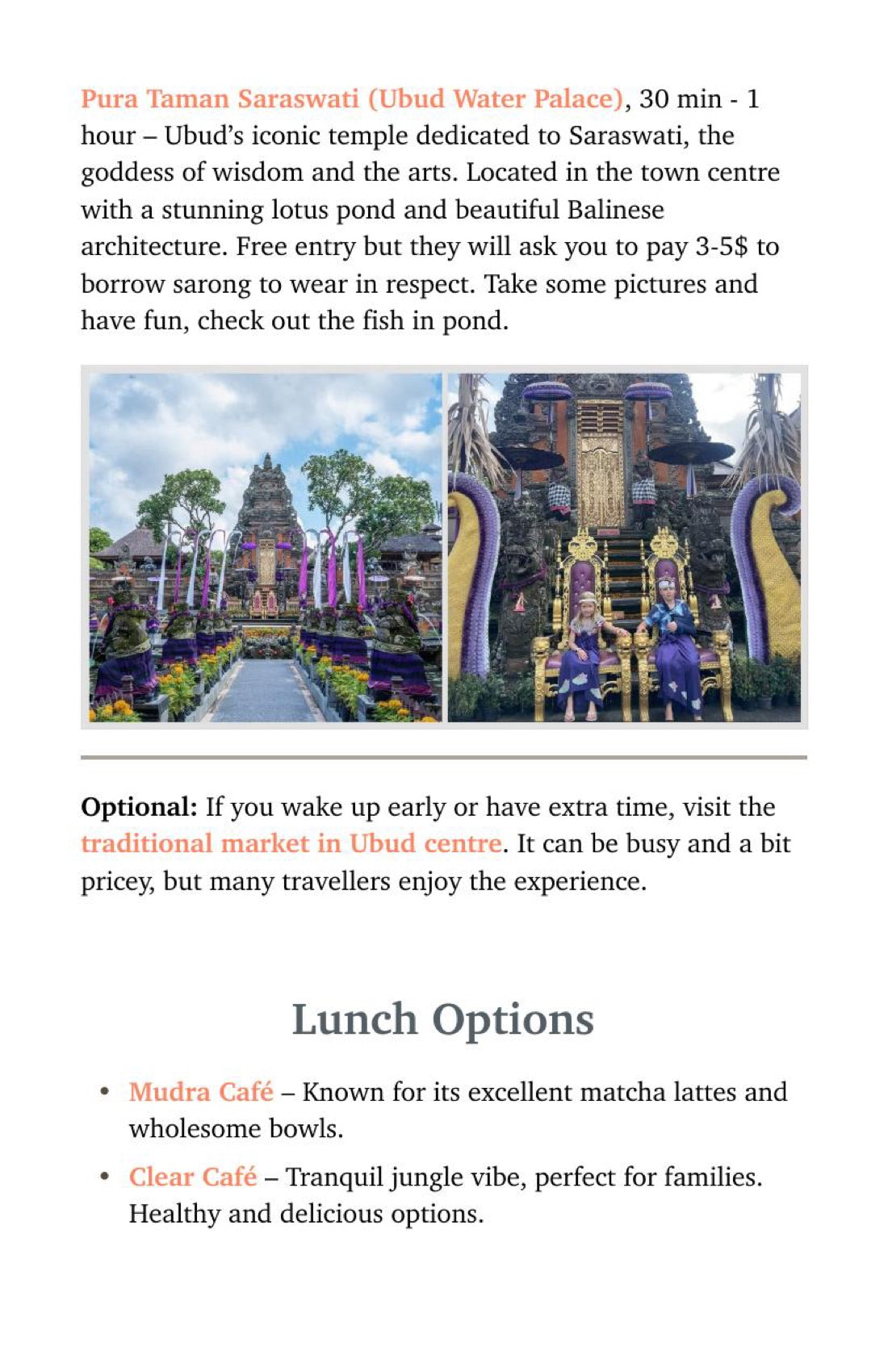 Page 24: a morning at the Saraswati Temple with sarong etiquette and lunch options