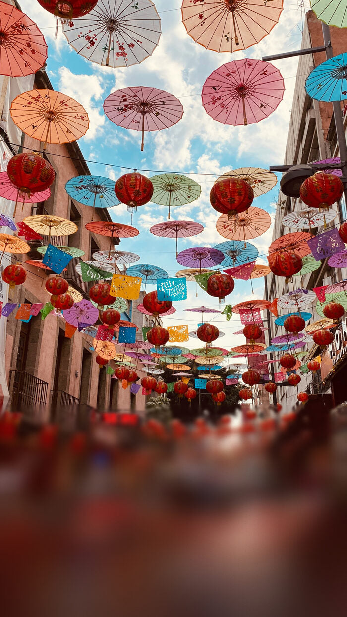 Colourful umbrellas and lanterns in Mexico City