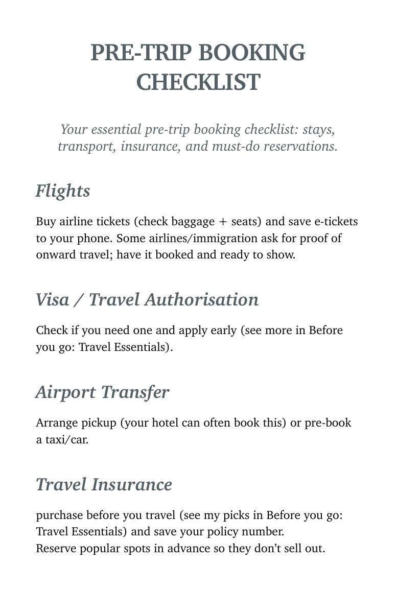 Page 11: pre-trip booking checklist covering flights, travel authorisation, airport transfers and insurance