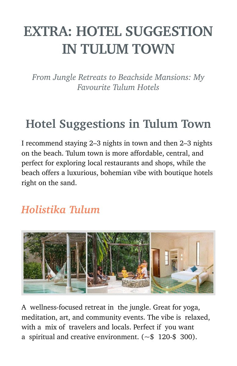 Page 18: Tulum town and beach hotel advice, including Holistika