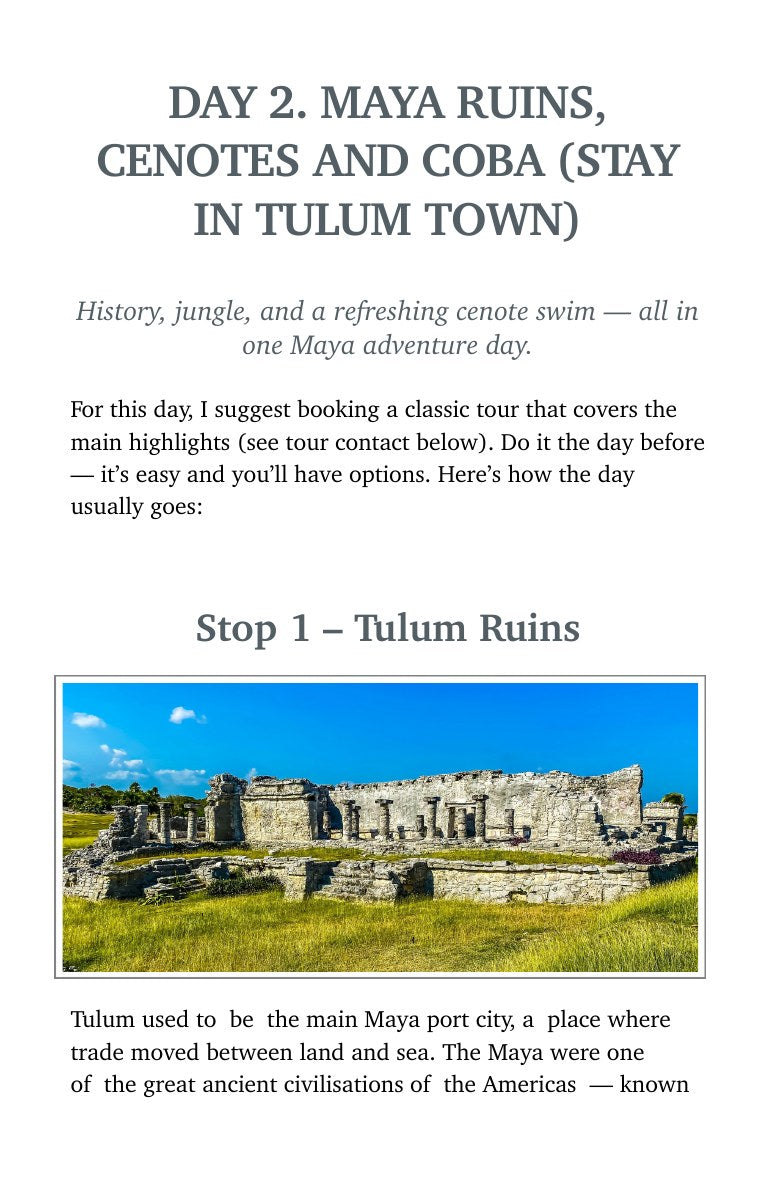 Actual guide page 32: Maya ruins, cenotes and Cobá day plan